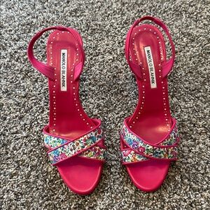 MANOLO BLAHNIK Lasista Floral Leather Slingback Sandals. 37 1/2 or 7.5 US